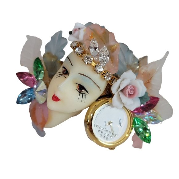 Vintage Bonnetto wrist watch bracelet women metal ornate rhinestone floral